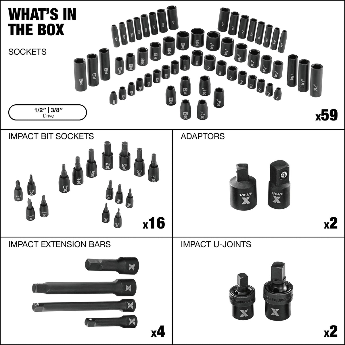 3/8-in & 1/2-in Drive Professional Grade Impact Socket Set, 83-pc, CRMO U0M8 - product image 4