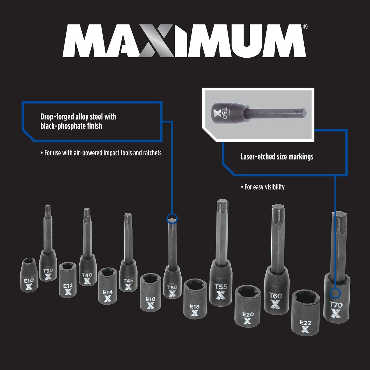 Torx & E-Torx Impact Bit Socket Set, 14-pc, SAE/Metric V3I8 - product image 2