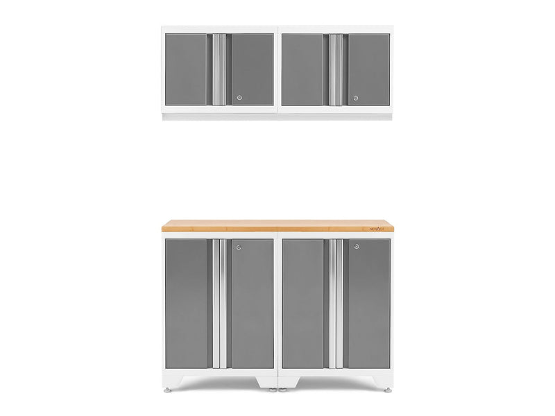 Bold 3.0 Series All-in-One Lockable Steel Garage Cabinetry Set with Bamboo Top, White/Platinum, 48-in x 18-in x 76.75-in, 5-pc Z5Y2