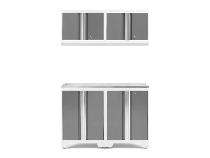 Bold 3.0 Series All-in-One Lockable Steel Garage Cabinetry Set with Stainless Steel Top, White/Platinum, 48-in x 18-in x 76.75-in, 5-pc U3K6