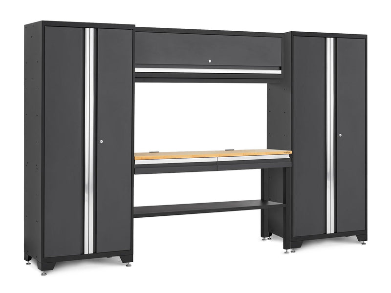 Bold 3.0 Series Lockable Steel Garage Cabinetry Set with Bamboo Top, Grey, 120-in x 18-in x 72-in, 5-pc D9K2