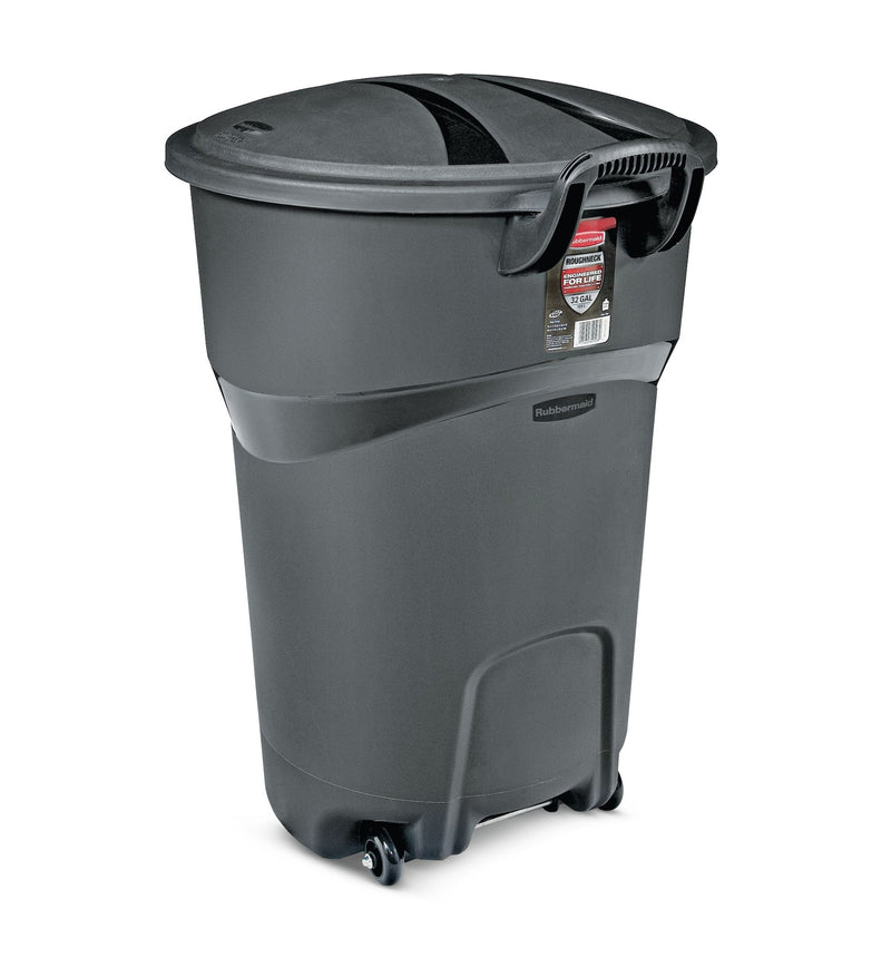 Plastic Circular Wheeled Garbage Can with Handle, Black, 121-L F1P0