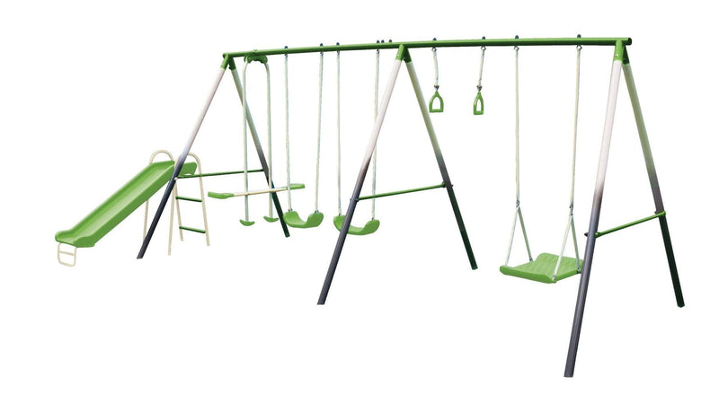 Outdoor 7-Station Metal Swing Set Combo with 2 Swings, Trapeze & More, Ages 3+ U3M8
