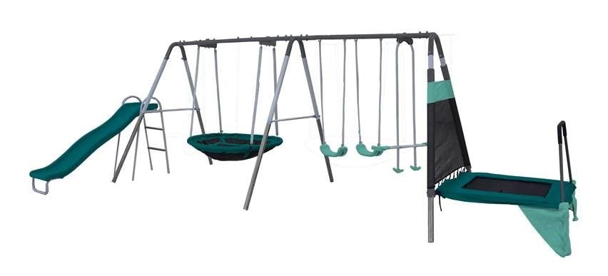 Outdoor Ravine Metal Swing Set Combo, 2 Swings, Glider, Trampoline & Saucer Y2Q2 - product image 1