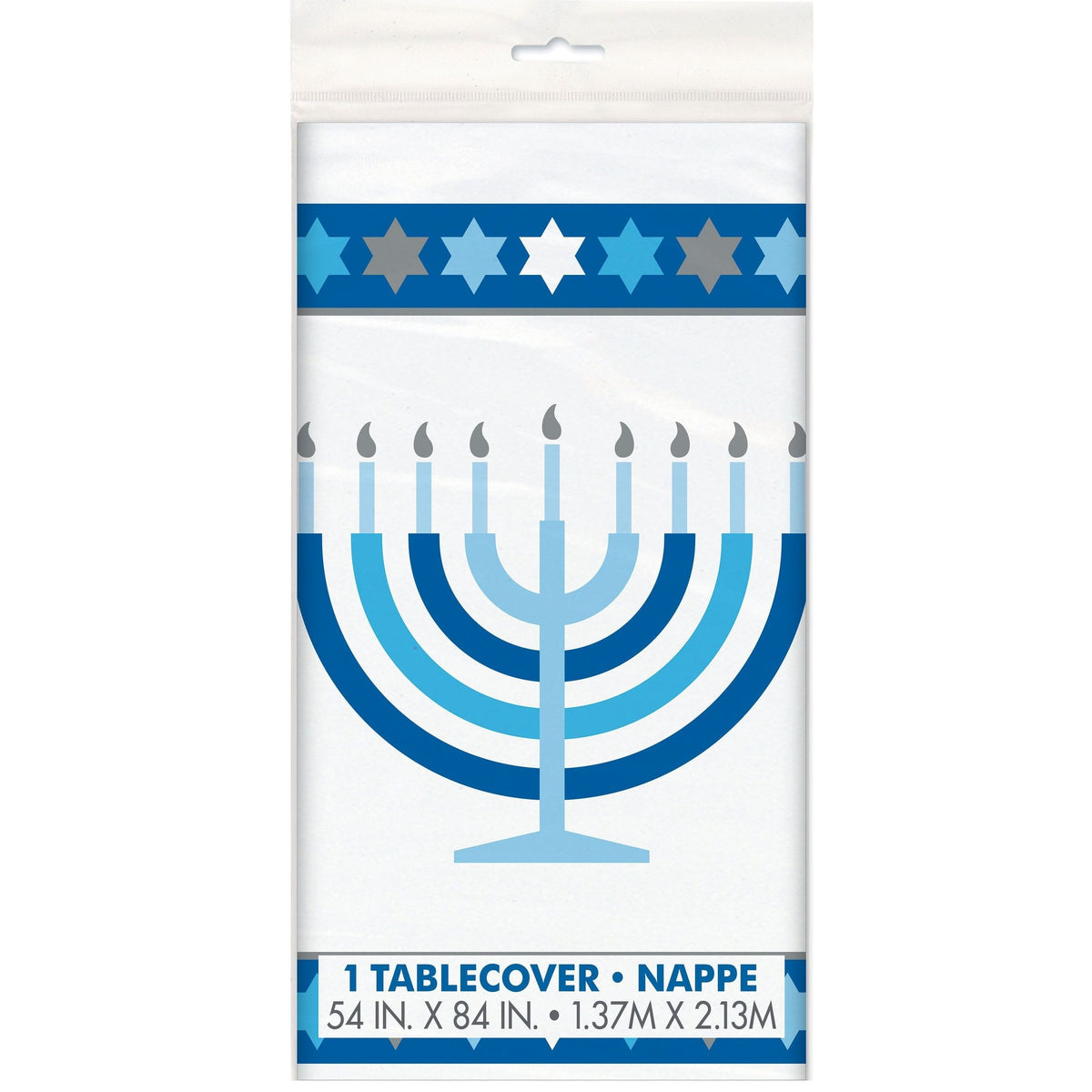 Rectangle Plastic Reusable Table Cover, White/Blue, 54x108-in, for Hanukkah C8M3 - product image 1