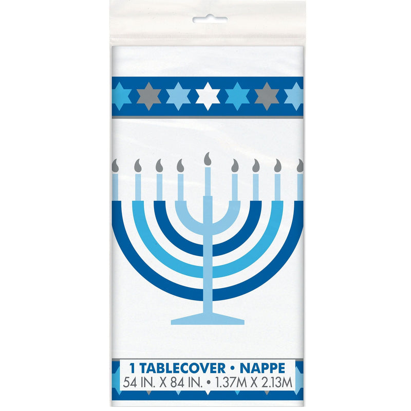 Rectangle Plastic Reusable Table Cover, White/Blue, 54x108-in, for Hanukkah C8M3