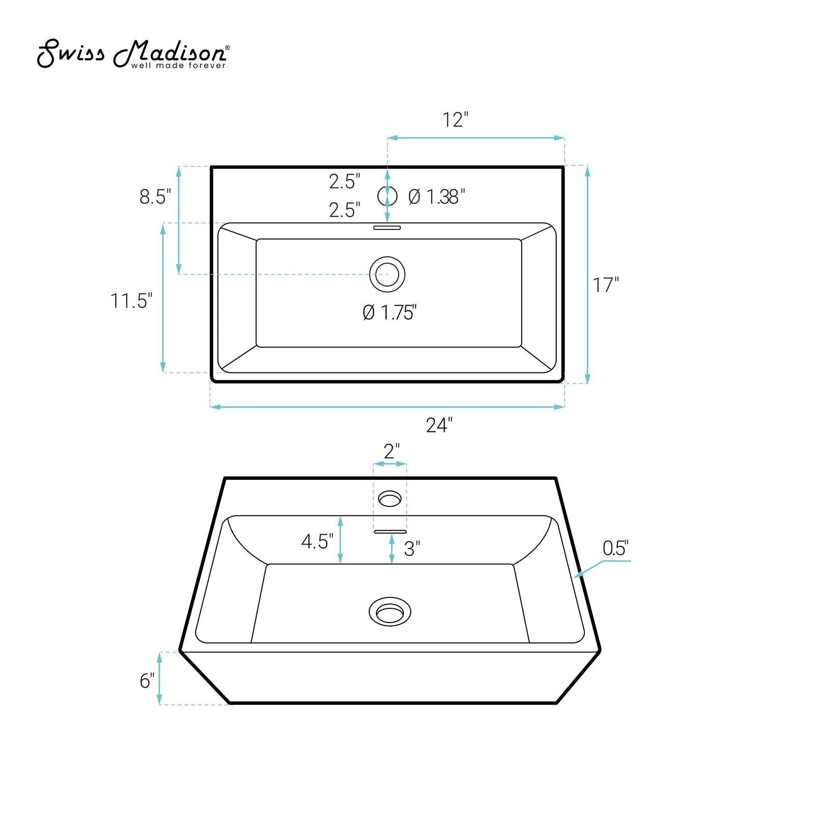 Claire Rectangle Wall-Mount Bathroom Sink, 24-in U5R0 - product image 7