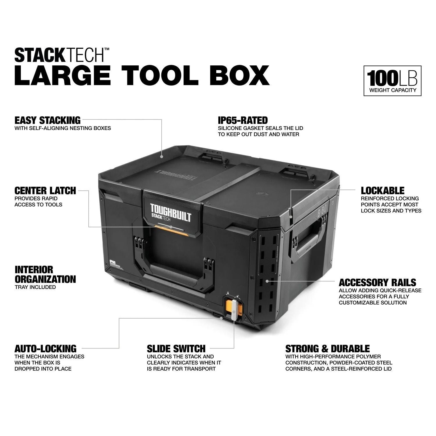 StackTech Middle Portable Modular Plastic/Metal Tool Box with Inner Tray, IP65-Rated, Black K0C7 - product image 2