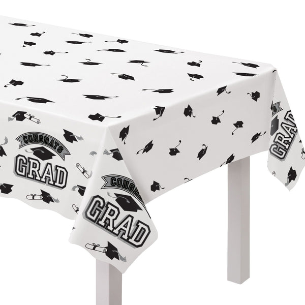 "Congrats Grad" Rectangle Plastic Reusable Table Cover, Black/White, 54x84-in, for Graduation S2Y7
