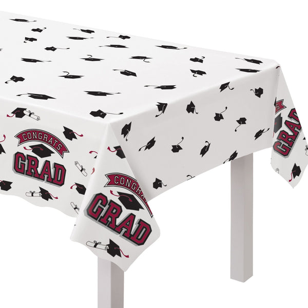 "Congrats Grad" Rectangle Plastic Reusable Table Cover, Maroon, 54x84-in, for Graduation N5H1
