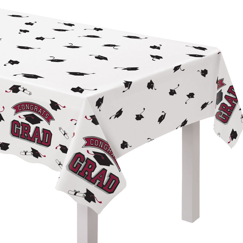 "Congrats Grad" Rectangle Plastic Reusable Table Cover, Maroon, 54x84-in, for Graduation N5H1