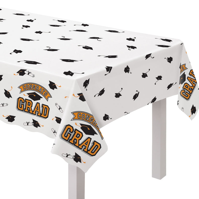 "Congrats Grad" Rectangle Plastic Reusable Table Cover, Orange, 54x84-in, for Graduation Y7P9