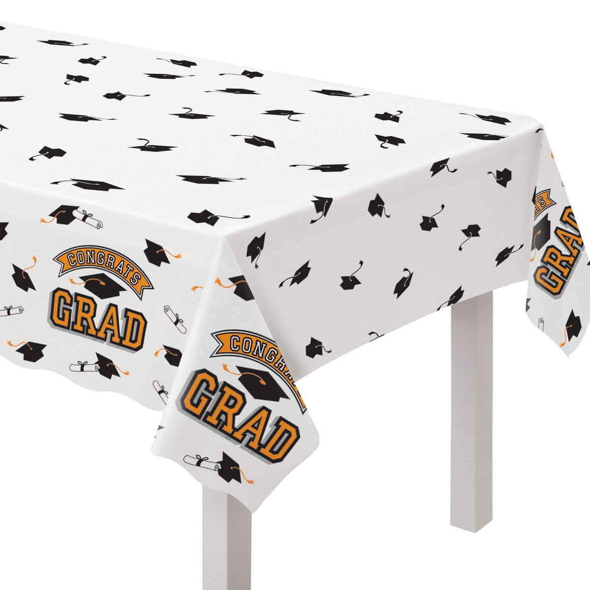 "Congrats Grad" Rectangle Plastic Reusable Table Cover, Orange, 54x84-in, for Graduation R9G2 - product image 1