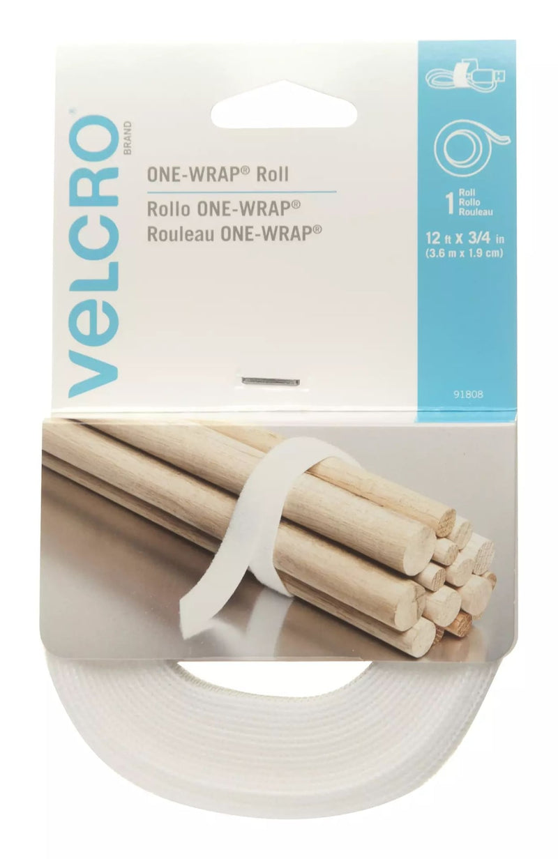 ONE-WRAP Adjustable Reusable Hook and Loop Strap, White Roll, 12-ft x 3/4-in, 1-pk R7B8