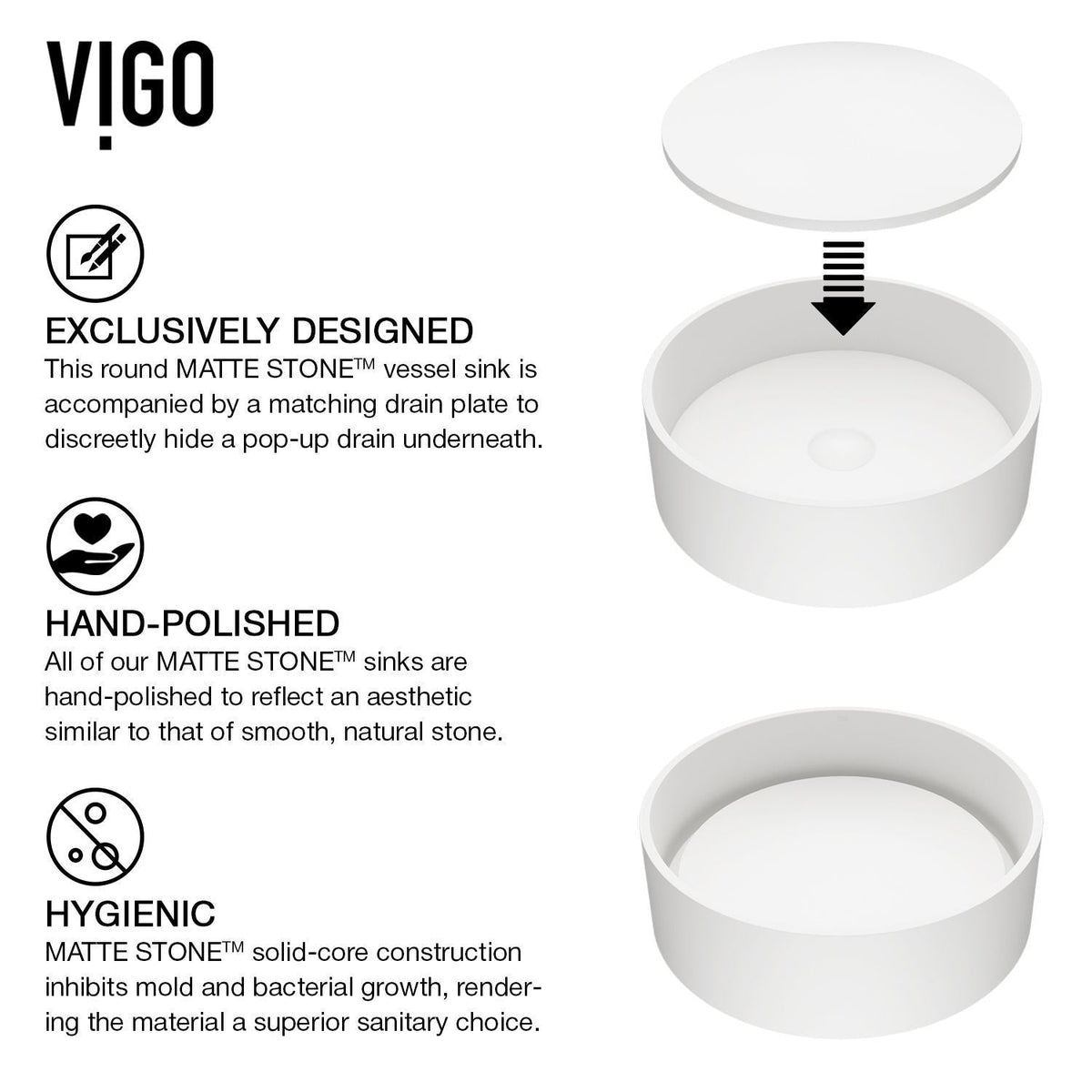 Anvil MatteStone Round White Composite Bathroom Sink/Basin Set with Gotham Faucet and Pop-Up Drain P2D3 - product image 4