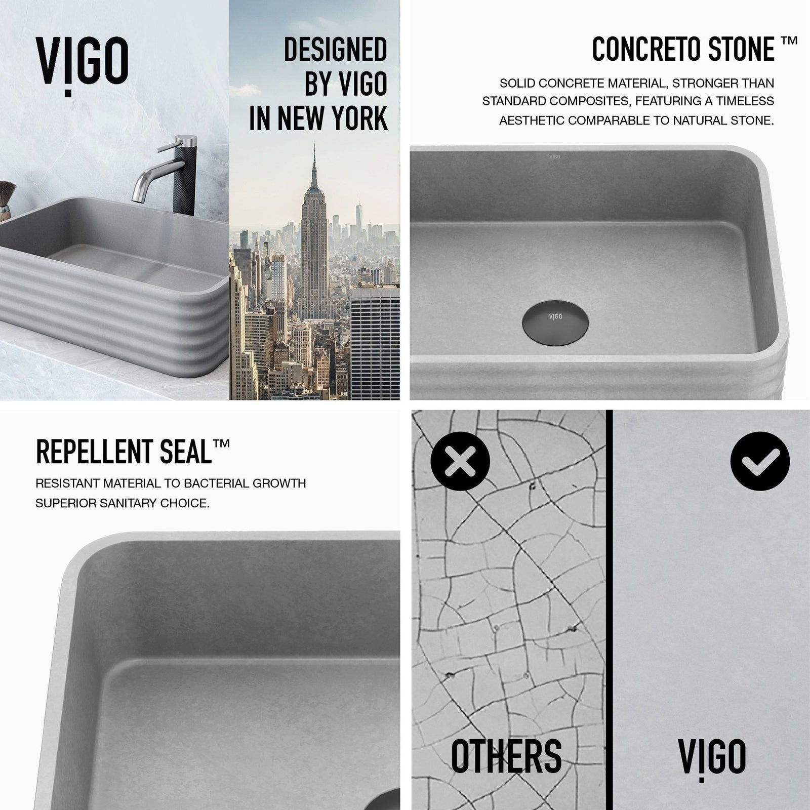 Cadman ConcretoStone Grey Bathroom Sink/Basin Set with Lexington Faucet and Rectangular Vessel D7Q7 - product image 3