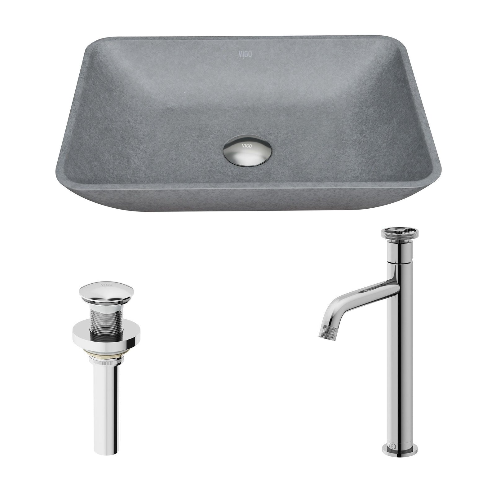 Duomo Gothic ConcretoStone Grey Bathroom Sink/Basin Set with Cass Faucet and Rectangular Vessel J1L0 - product image 2