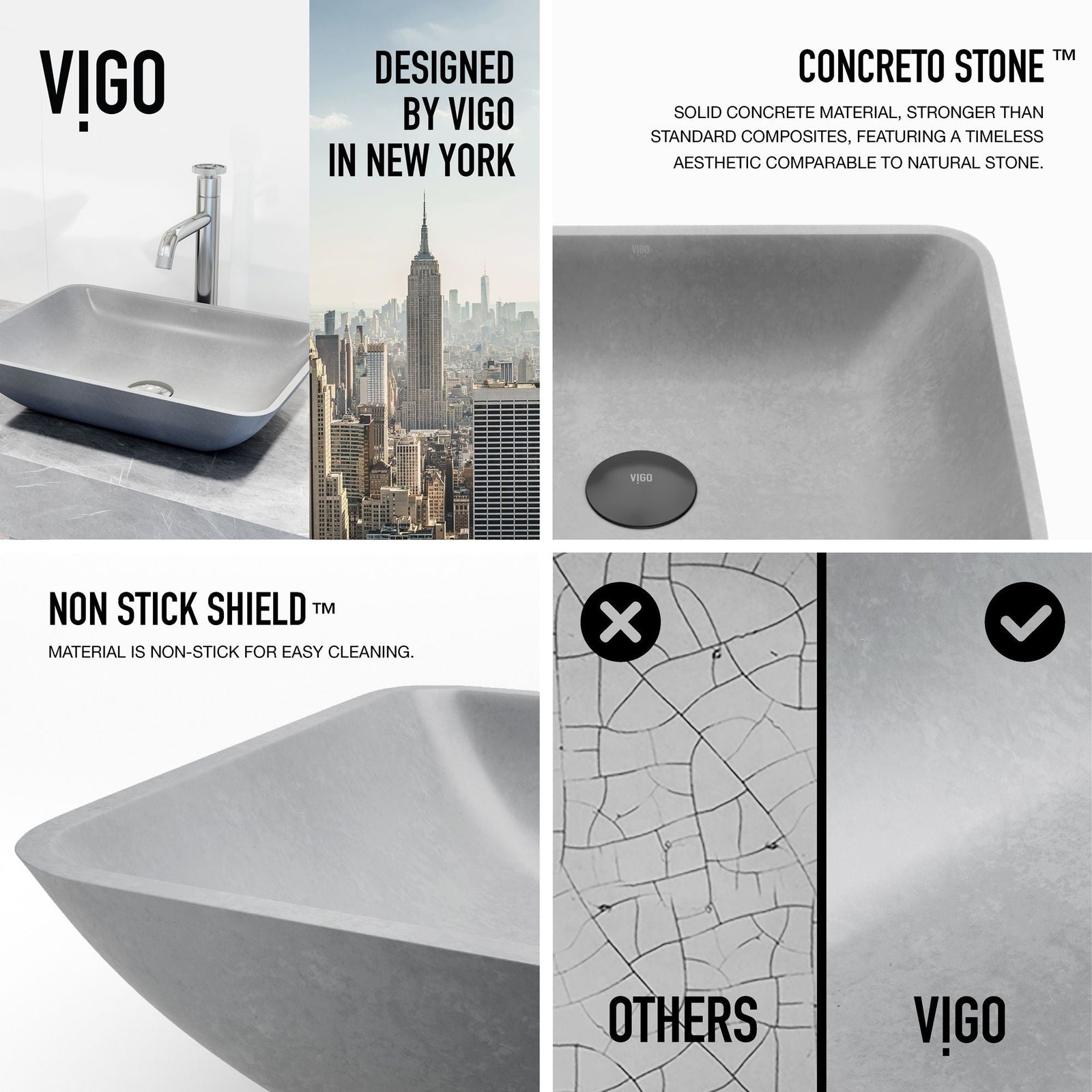 Duomo Gothic ConcretoStone Grey Bathroom Sink/Basin Set with Cass Faucet and Rectangular Vessel J1L0 - product image 5
