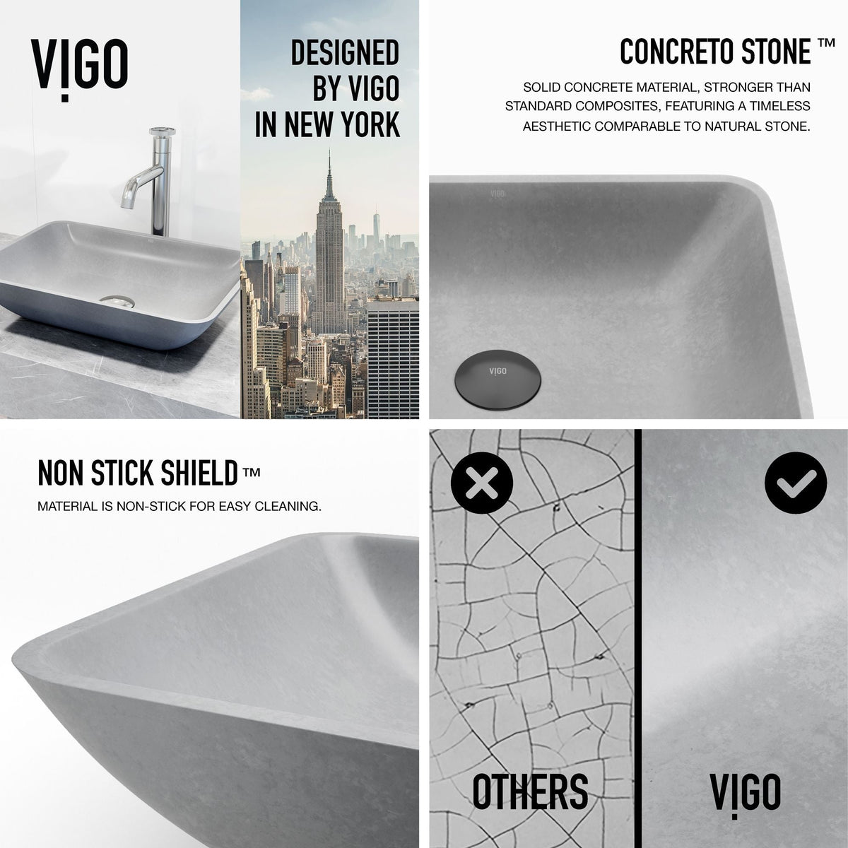 Duomo Gothic ConcretoStone Grey Bathroom Sink/Basin Set with Cass Faucet and Rectangular Vessel R0I6 - product image 5