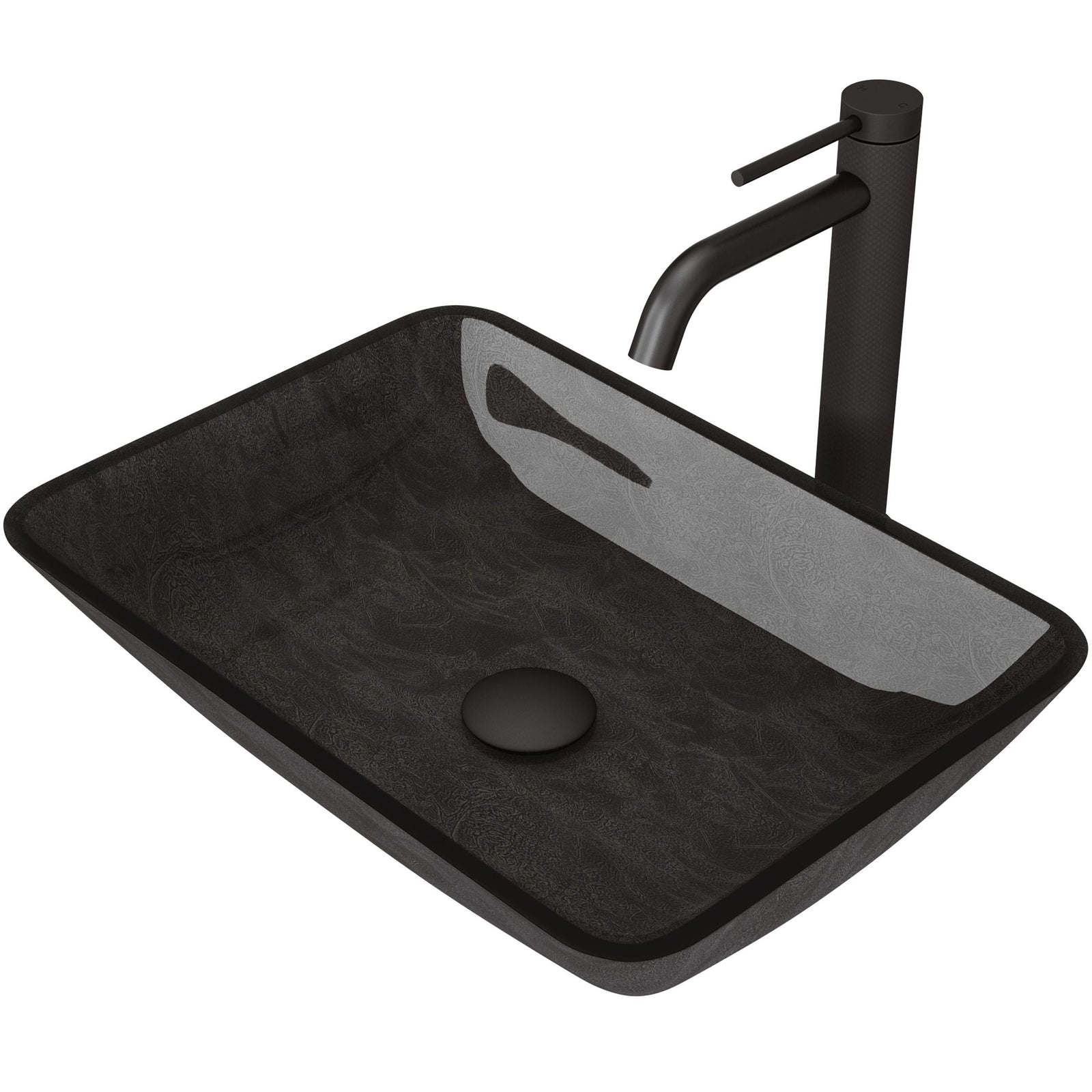 Glass Grey Onyx Bathroom Sink/Basin Set with Matte Black Lexington Faucet and Rectangular Vessel I7D0 - product image 1