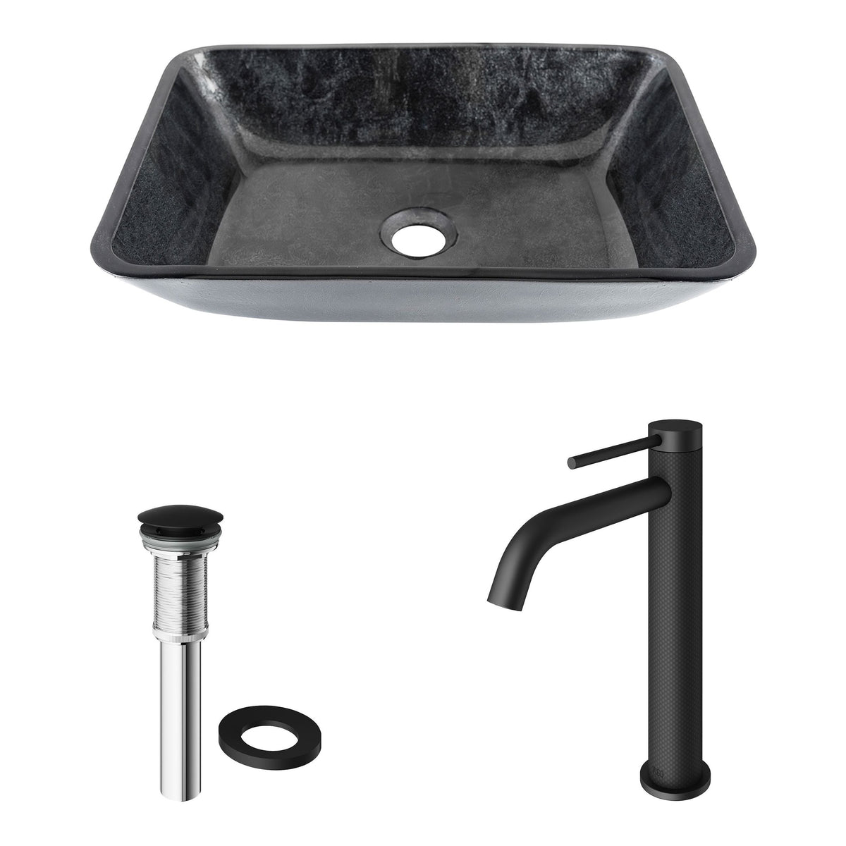 Glass Grey Onyx Bathroom Sink/Basin Set with Matte Black Lexington Faucet and Rectangular Vessel O5Z3 - product image 2