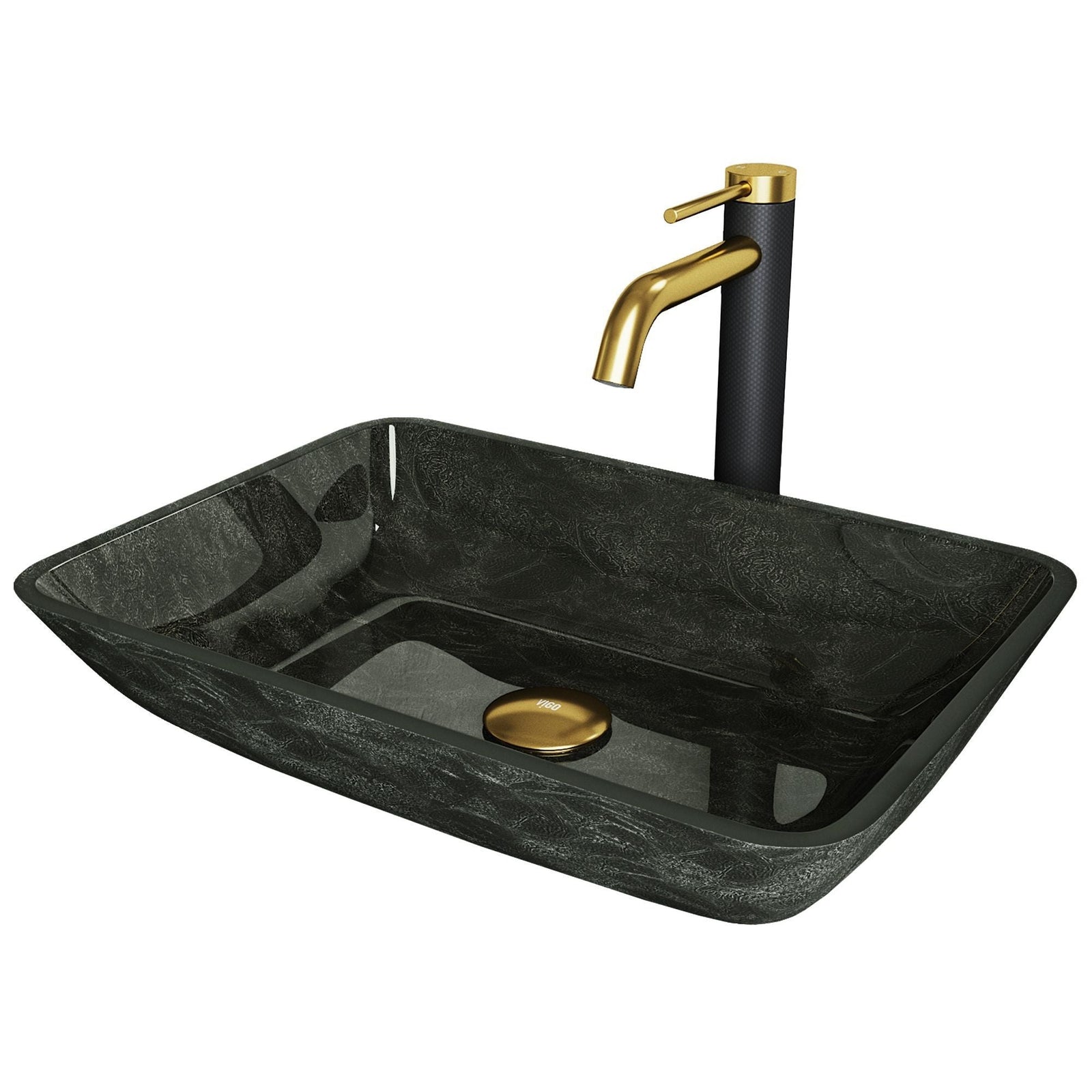 Glass Grey Onyx Bathroom Sink/Basin Set with Matte Gold Lexington Faucet and Rectangular Vessel J2P4 - product image 1