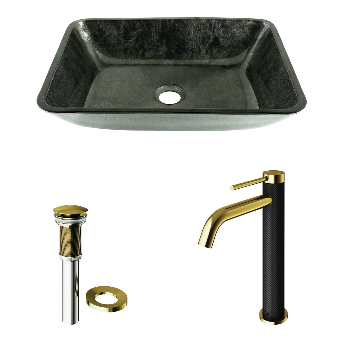 Glass Grey Onyx Bathroom Sink/Basin Set with Matte Gold Lexington Faucet and Rectangular Vessel J2P4 - product image 2