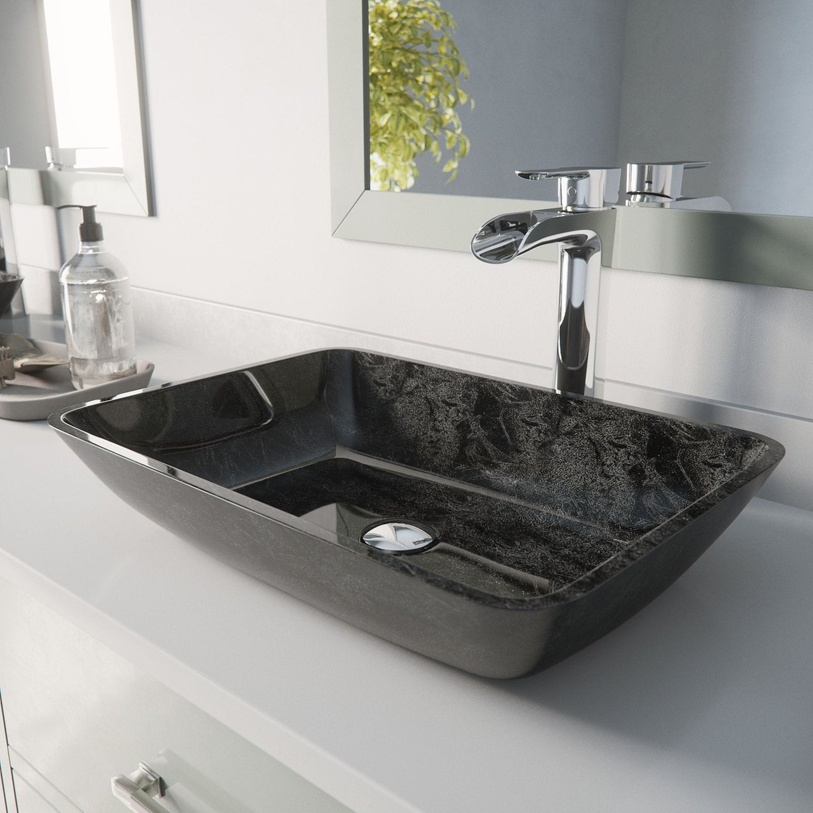 Glass Grey Onyx Bathroom Sink/Basin Set with Niko Faucet and Rectangular Vessel B3M7 - product image 8