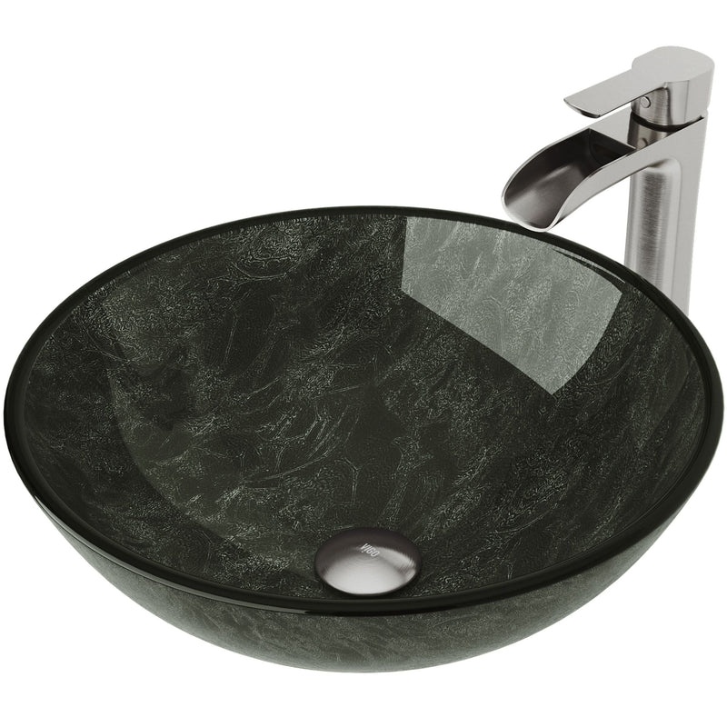 Glass Grey Onyx Bathroom Sink/Basin Set with Niko Faucet and Round Vessel L4N8