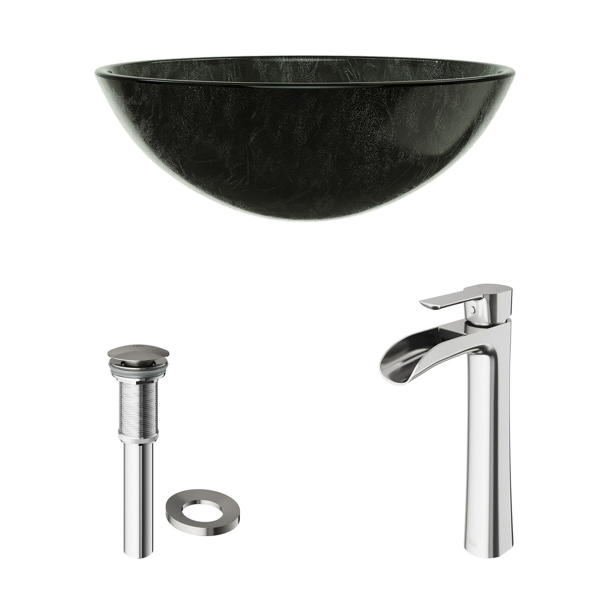 Glass Grey Onyx Bathroom Sink/Basin Set with Niko Faucet and Round Vessel L4N8 - product image 2