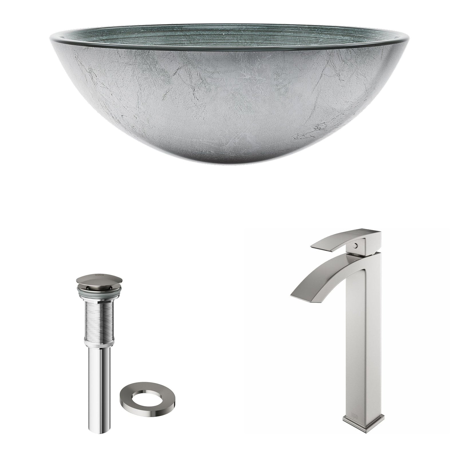 Glass Simply Silver Bathroom Sink/Basin Set with Duris Faucet and Round Vessel G6Y4 - product image 2