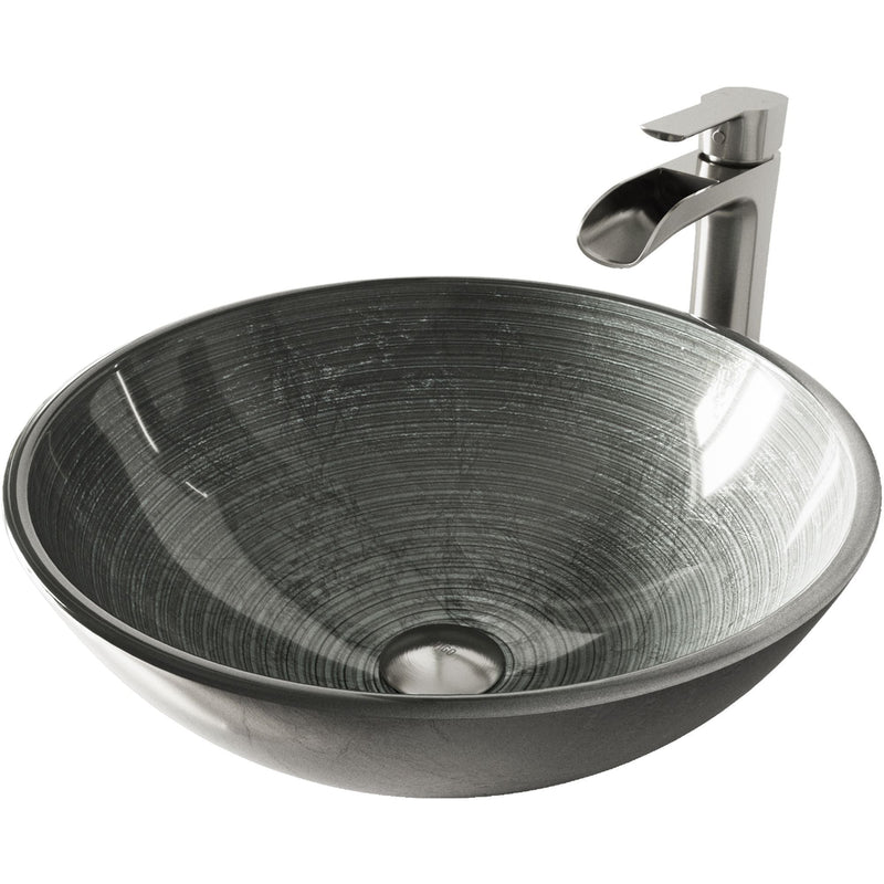 Glass Simply Silver Bathroom Sink/Basin Set with Niko Faucet and Round Vessel E8D6