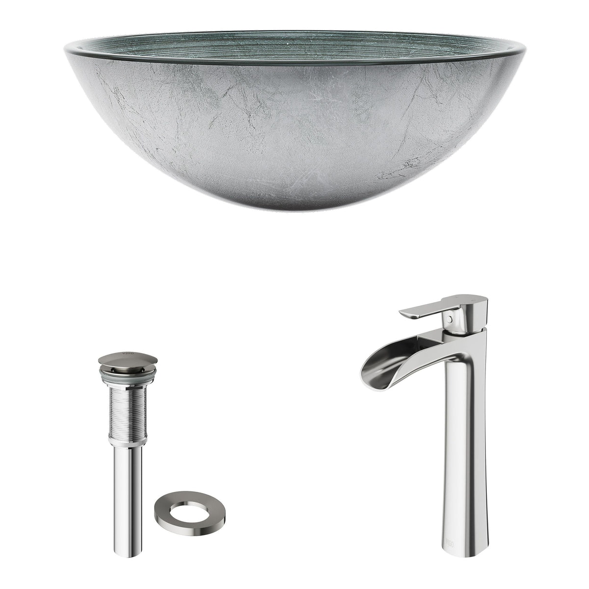 Glass Simply Silver Bathroom Sink/Basin Set with Niko Faucet and Round Vessel E8D6 - product image 2