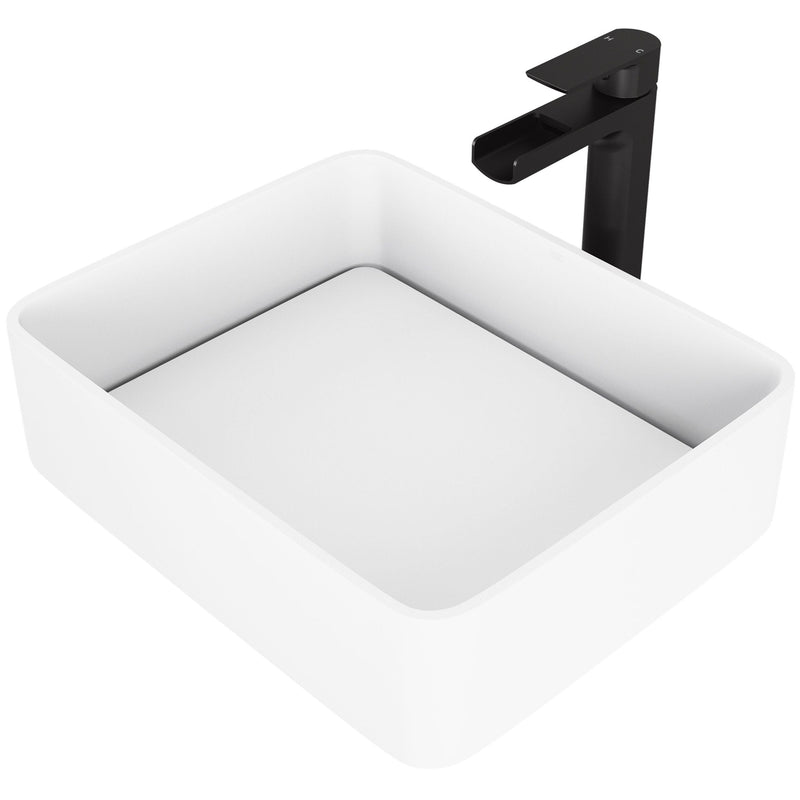 Jasmine MatteStone White Bathroom Sink/Basin Set with Amada Faucet and Rectangular Composite Vessel D8O0