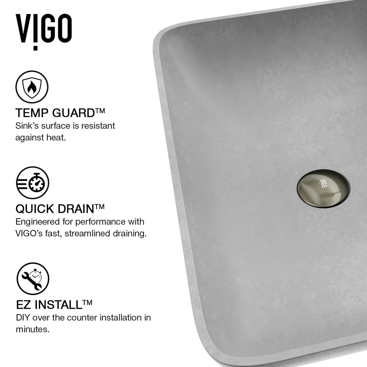 Lorca ConcretoStone Grey Bathroom Sink/Basin Set with Gotham Faucet and Rectangular Vessel B7K9 - product image 3