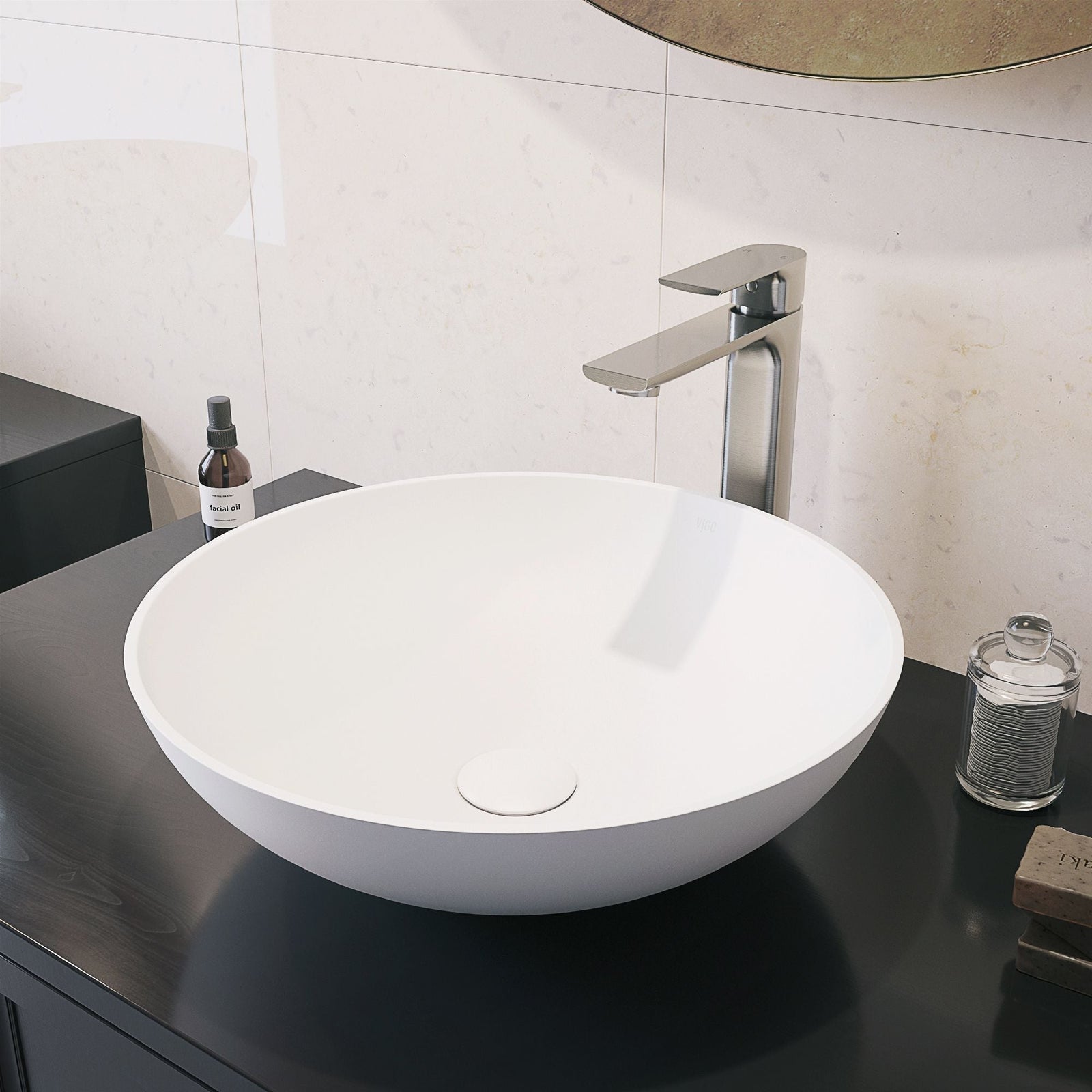 Lotus Matte Stone Round Composite Vessel Bathroom Sink/Basin with Deep Bowl, White Q9O0 - product image 8