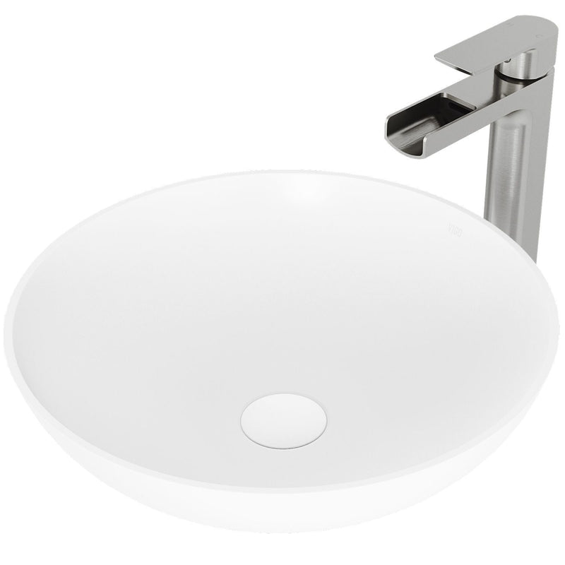 Lotus MatteStone Round White Composite Bathroom Sink/Basin Set with Amada Faucet and Pop-Up Drain O0A9