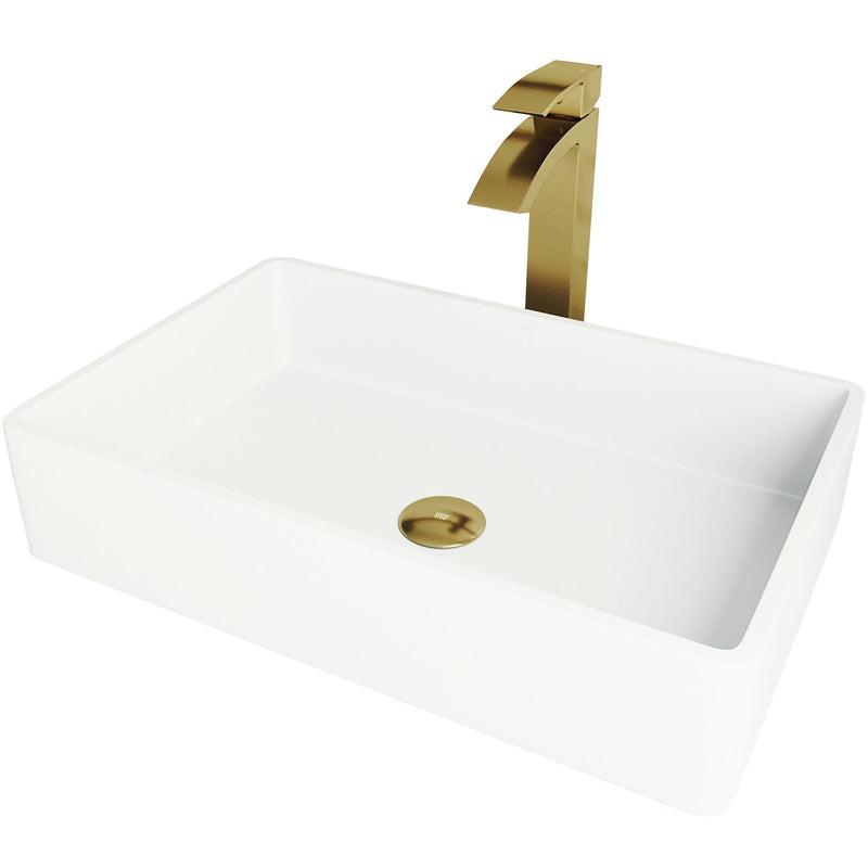Magnolia MatteStone White Bathroom Sink/Basin Set with Matte Gold Duris Faucet and Rectangular Composite Vessel G9Z2