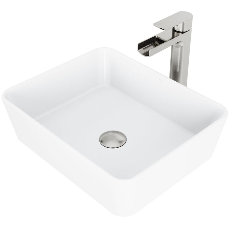 Marigold MatteStone Matte White Bathroom Sink/Basin Set with Amada Faucet and Rectangular Composite Vessel V0B8