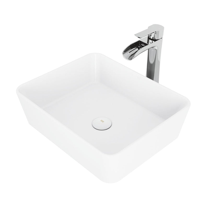 Marigold MatteStone Matte White Bathroom Sink/Basin Set with Niko Faucet and Rectangular Composite Vessel J8V7