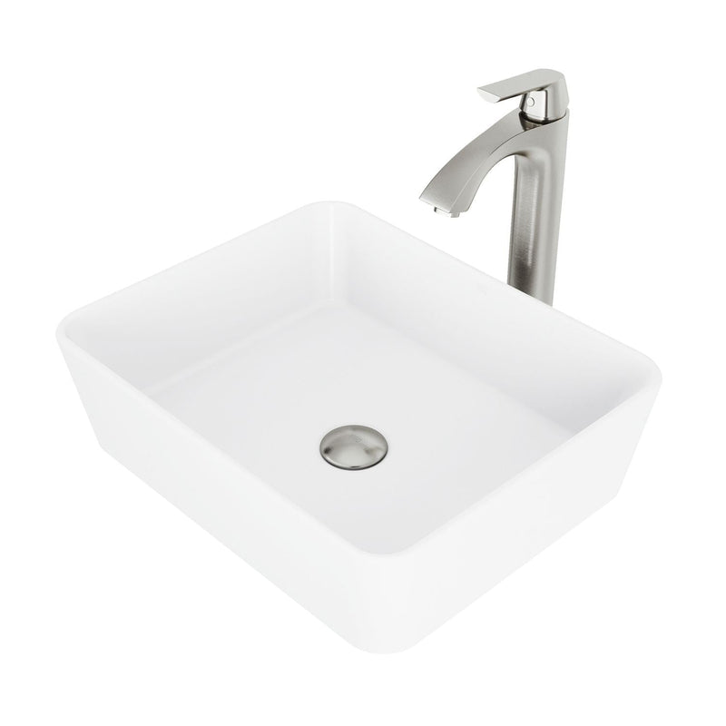 Marigold MatteStone White Bathroom Sink/Basin Set with Linus Faucet and Rectangular Composite Vessel W0A3