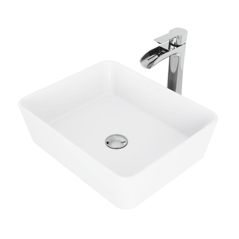 Marigold MatteStone White Bathroom Sink/Basin Set with Niko Faucet and Rectangular Composite Vessel V6I0
