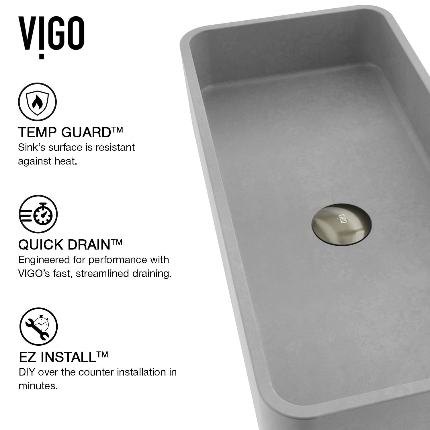 Palazzo Gothic ConcretoStone Grey Bathroom Sink/Basin Set with Niko Faucet and Rectangular Vessel R9P1 - product image 4