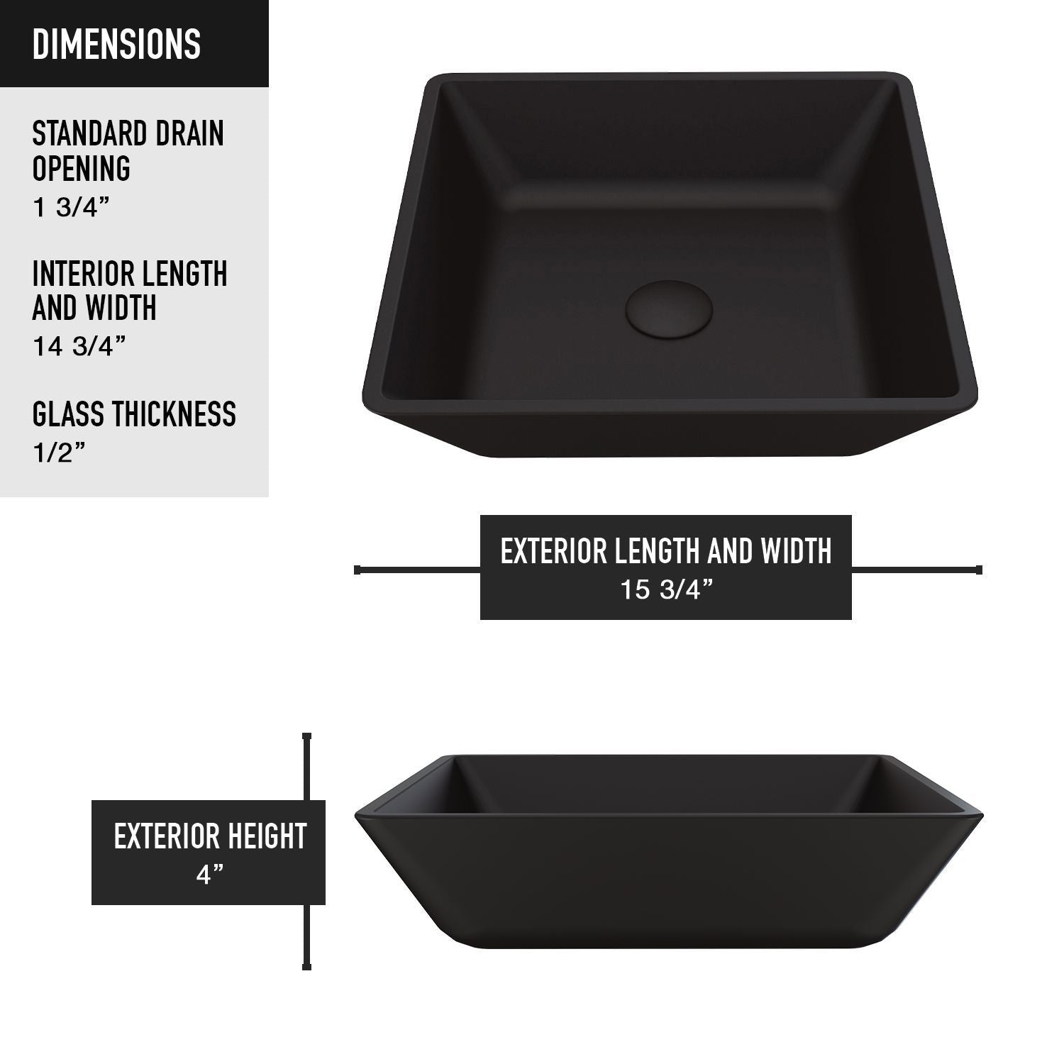 Roma Glass Square Vessel Bathroom Sink/Basin with Rounded Edges & Deep Bowl, Black Z5B3 - product image 4