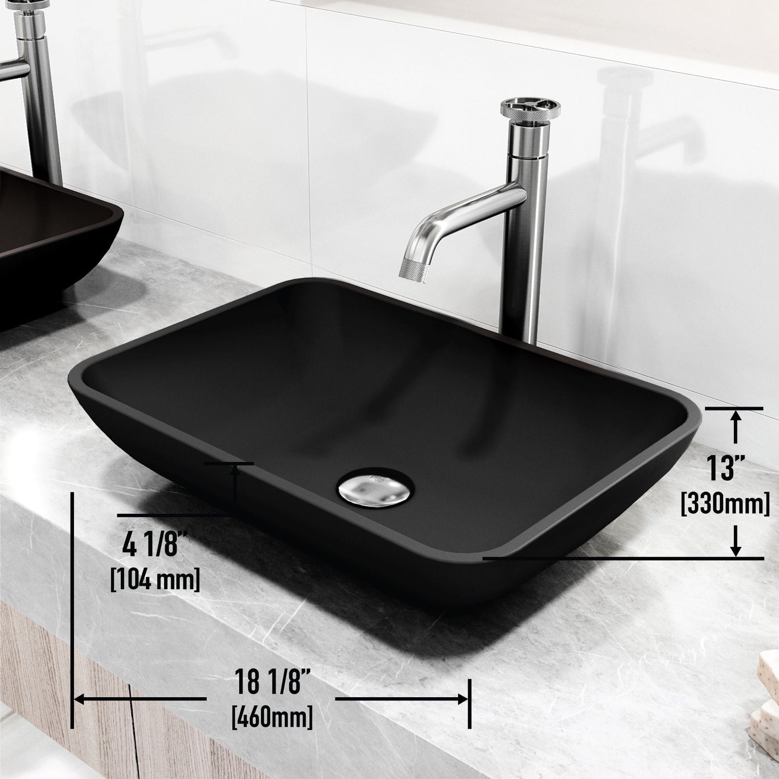 Sottile MatteShell Matte Black Bathroom Sink/Basin Set with Cass Faucet and Glass Rectangular Vessel L9V5 - product image 5