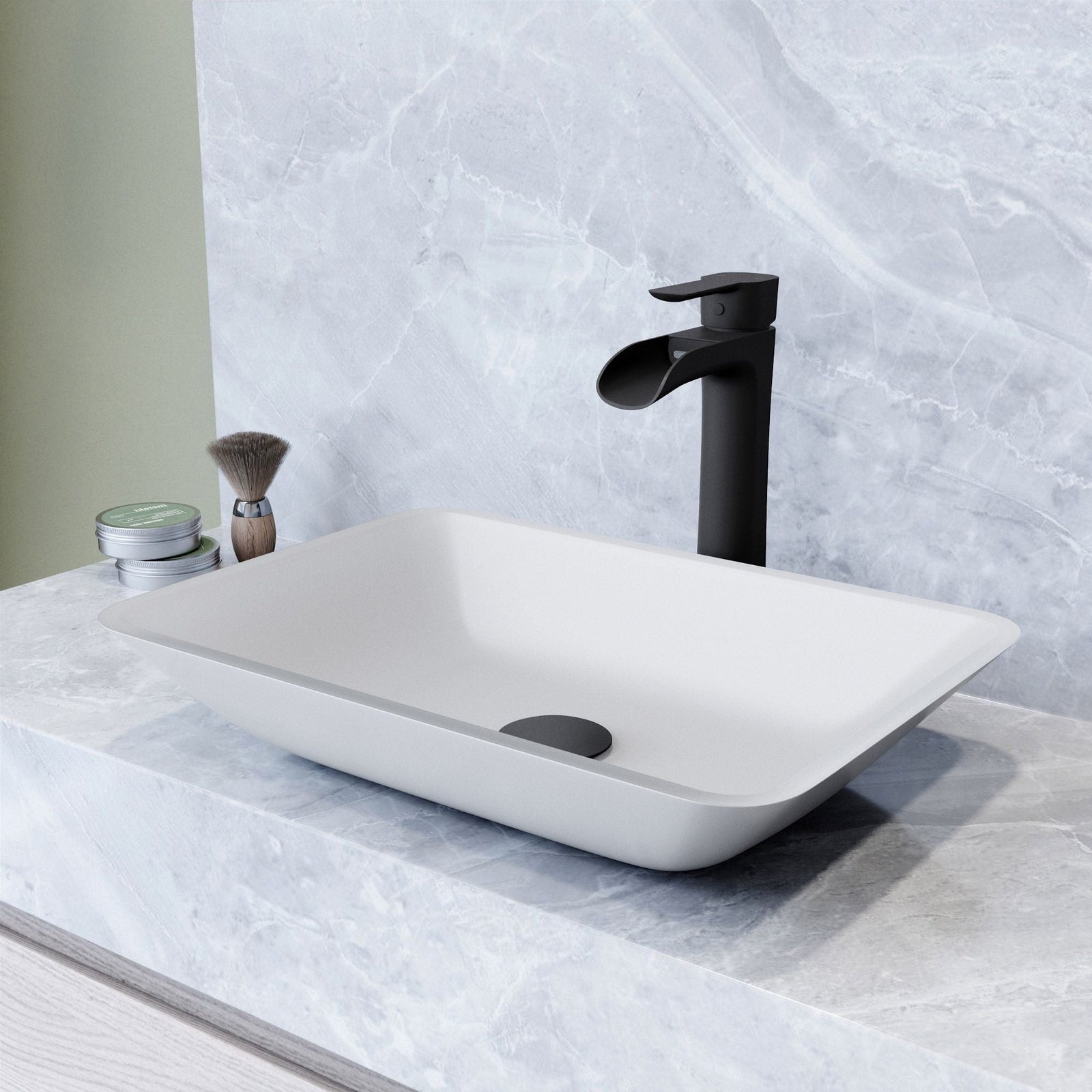 Sottile MatteShell White Bathroom Sink/Basin Set with Niko Faucet and Glass Rectangular Vessel H9D4 - product image 6