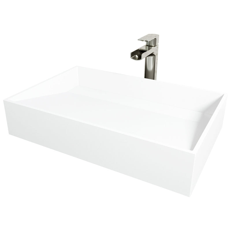 Starr Glass MatteStone White Bathroom Sink/Basin Set with Amada Faucet and Rectangular Composite Vessel V2B0
