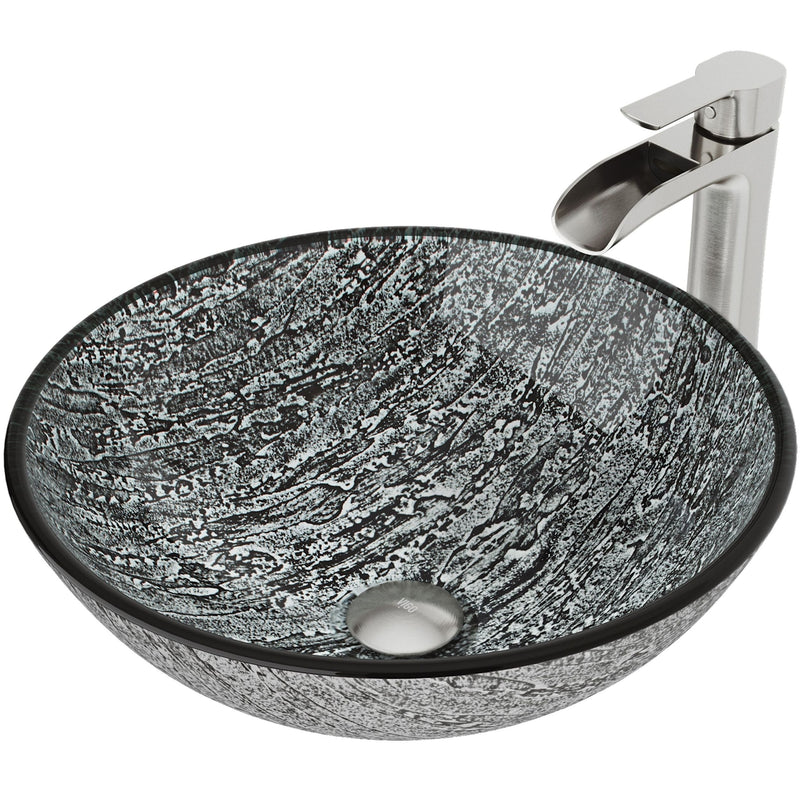 Titanium Glass Slate Grey Bathroom Sink/Basin Set with Niko Faucet and Round Vessel V6S1