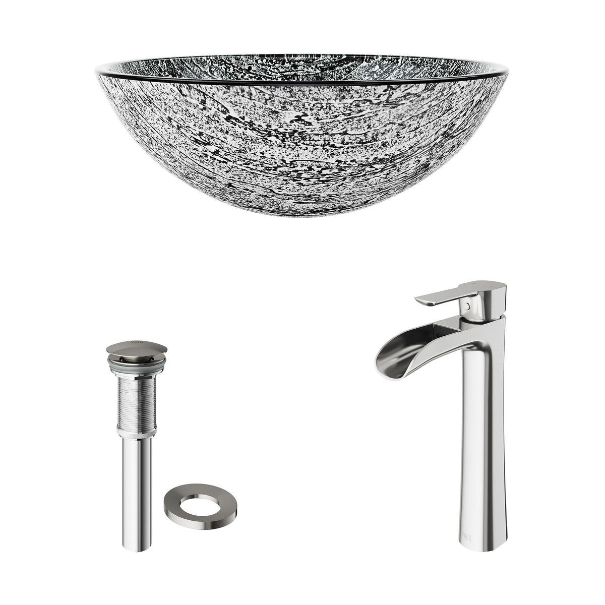 Titanium Glass Slate Grey Bathroom Sink/Basin Set with Niko Faucet and Round Vessel V6S1 - product image 2